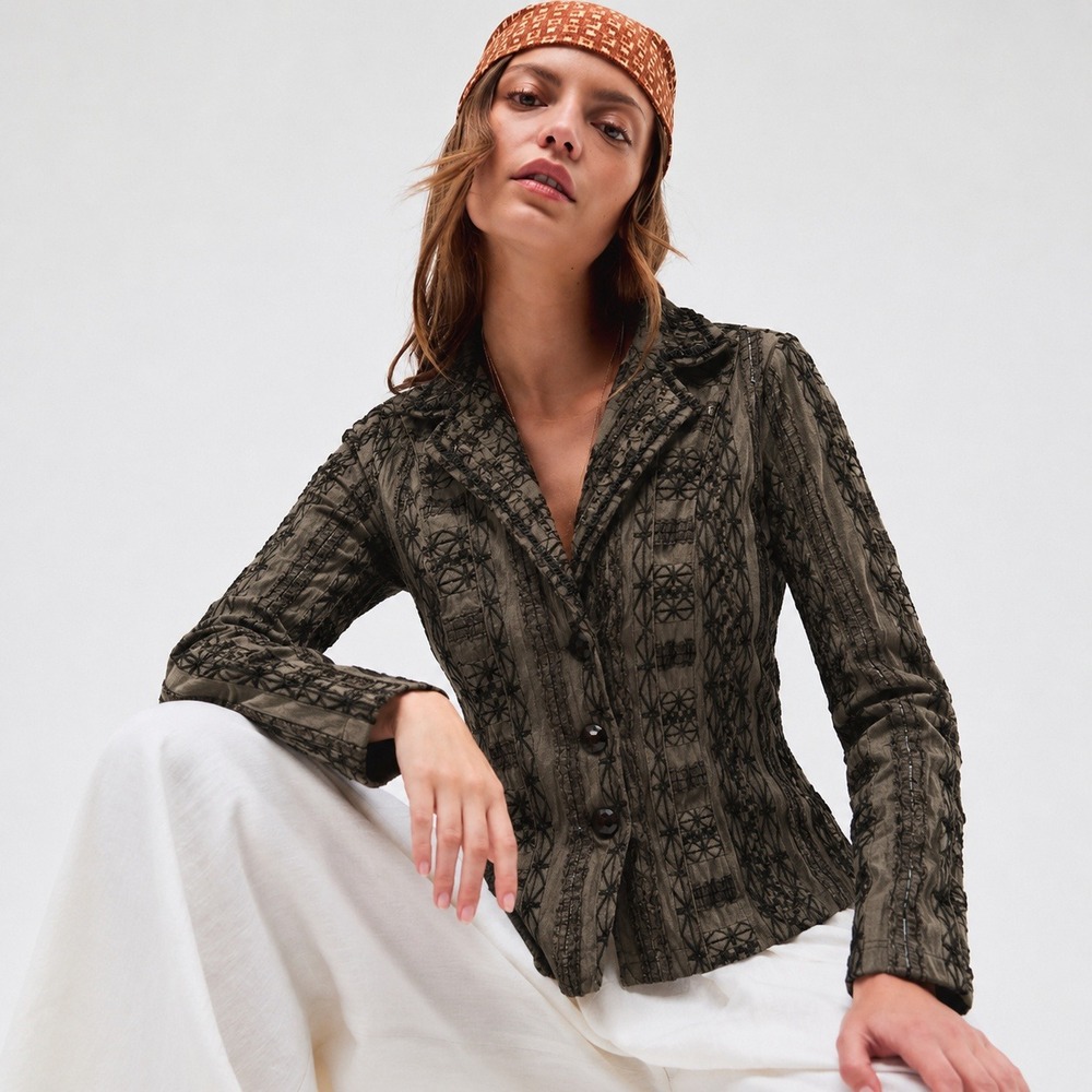Alberto Makali Beaded Embroidered Blazer Jacket‎ Womens M Olive Green Boho Chic